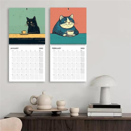 1/2Pcs 2025 Wall Calendar Cats Chillin' with Coffee Wall Calendar 12 Monthly Coffee Cats Calendar Family Office Organizer for Cat Lover Gift