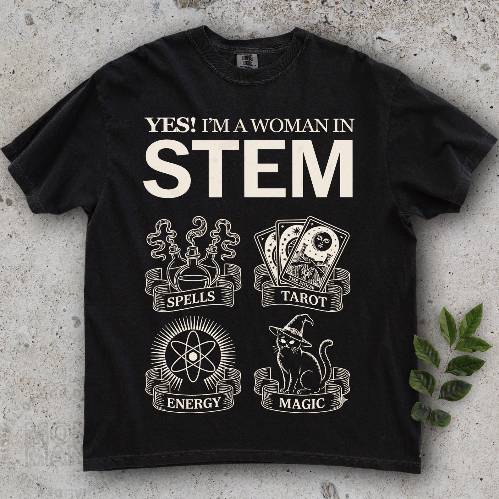 STEM Spells Tarot Energy Magic shirt, Support Local Coven, Funny Black Cat tee, Witchy tshirt, Tarot Lover gift, Grunge Goth Emo | Beige S