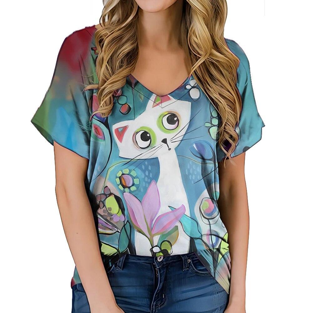 Fashionable Women's Clothing V-neck Kitten Print T-shirt Street Hot Selling Homestay Casual Top Summer Personalized Women Shirt
