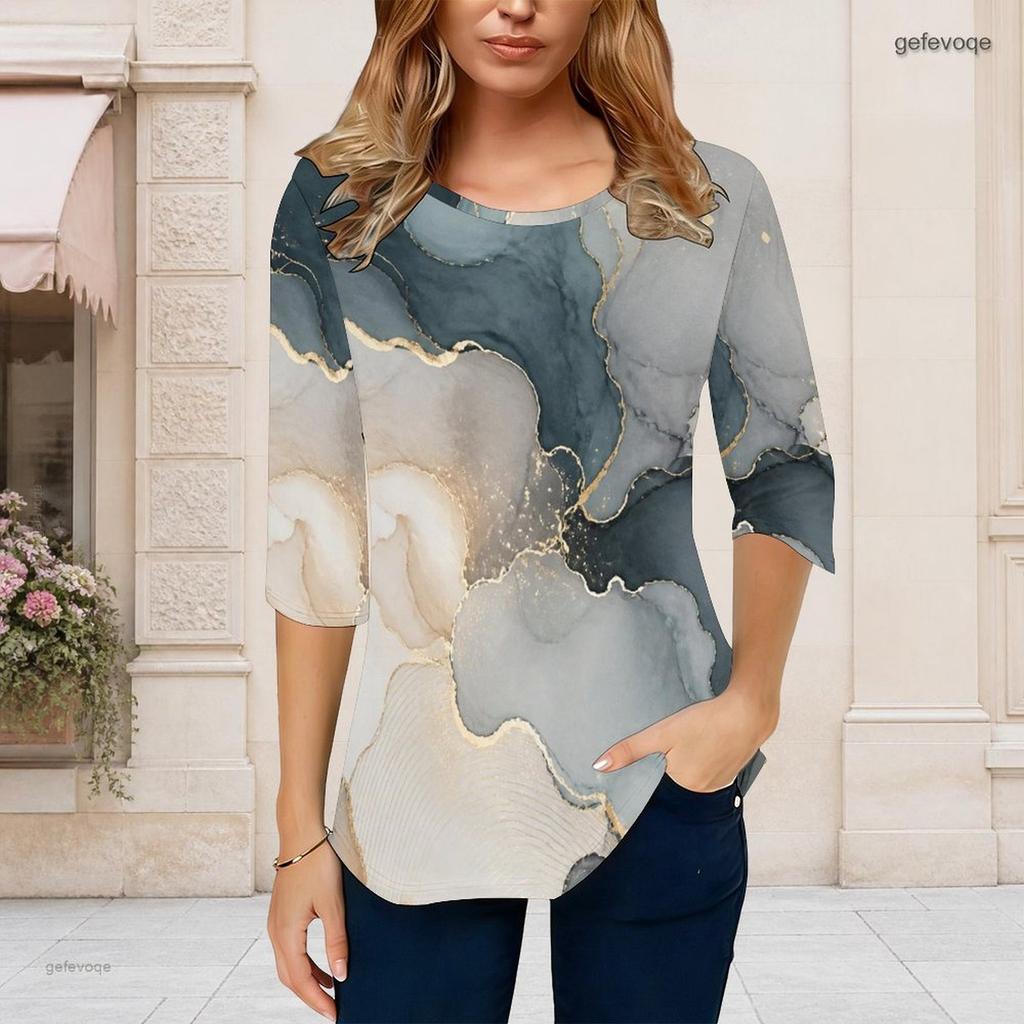 Women Plus Size Round Neck 3 4 Sleeve Abstract Printed T Shirt Curved Hem Casual Top