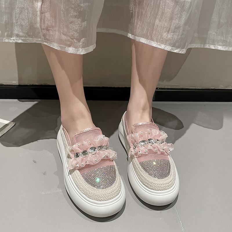 Espadrilles Femme Dentelle Cristal Mode Chaussures Diamants Mocassins de Pêcheur Dames Mocassins à Enfiler Ballerines en Caoutchouc Baskets Femme