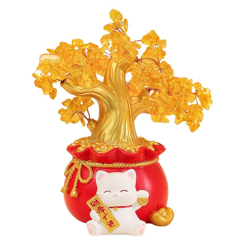 Facai Tree Zhaocao Resin Ornaments Opening TV Cat Living Room House Moving New House Living Room Nice Tabletop Decoration Gift Idea