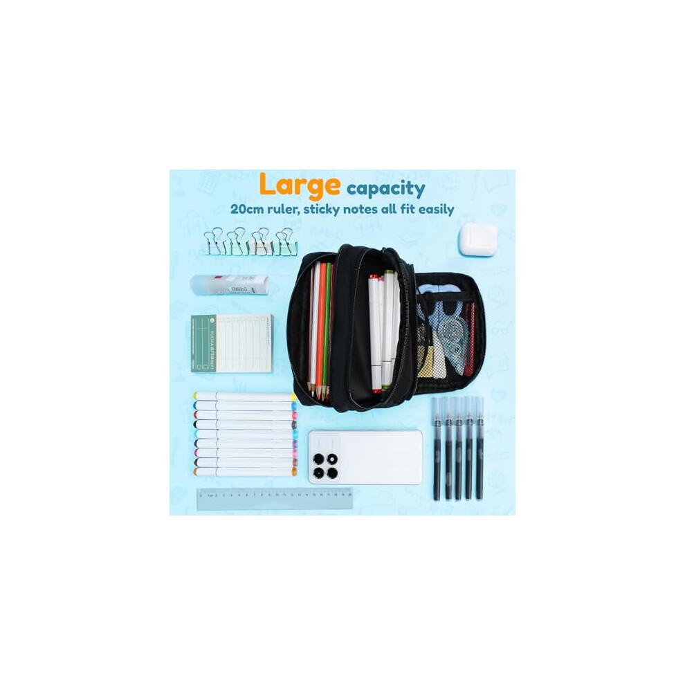 Euqvunn Black Pencil Case, Large Capacity Pen Case with 3 Compartments, Stationery Pouch for School & Office Supplies, Unisex