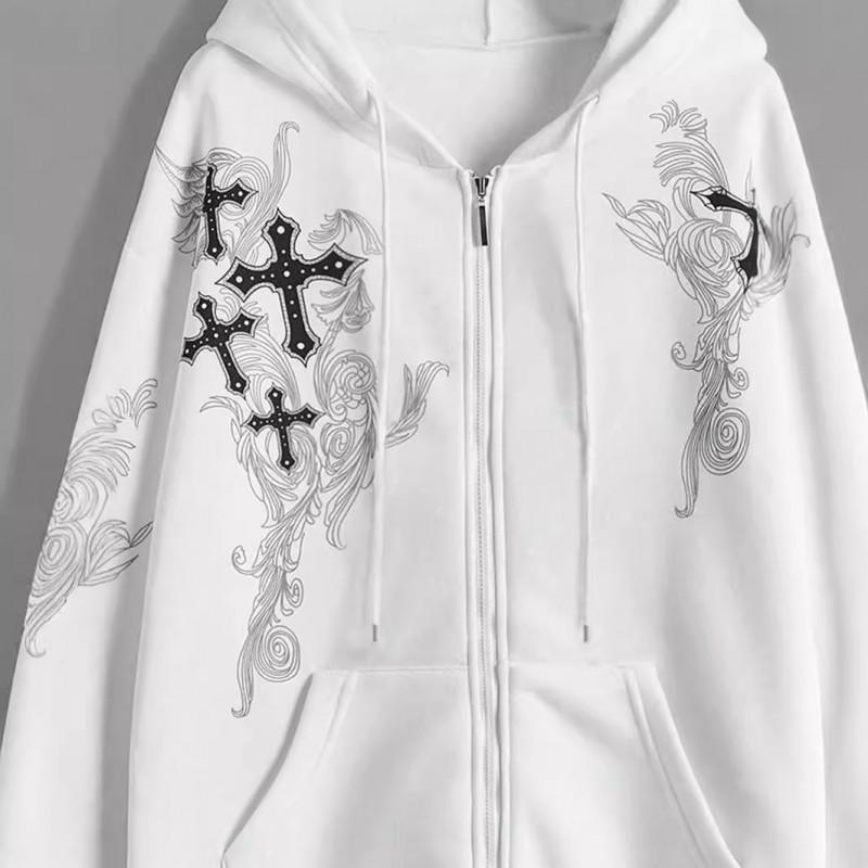 Womens Oversized Hooded Zip-Up Sweatshirt With Cross Print Casual Streetwear Loose Fit Long Sleeve