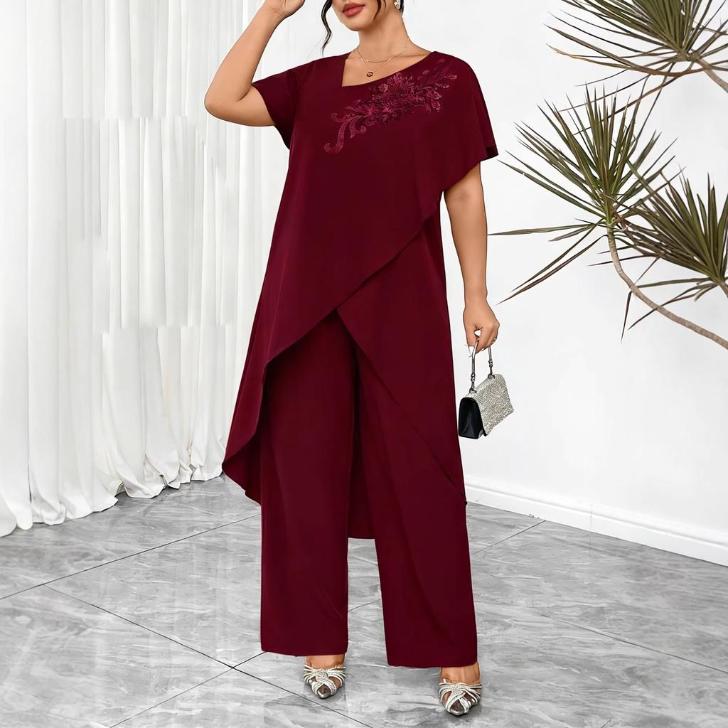 European and American cross-border plus-size women's 2026 summer fashion print irregular mid-length top wide-leg pants two-piece set