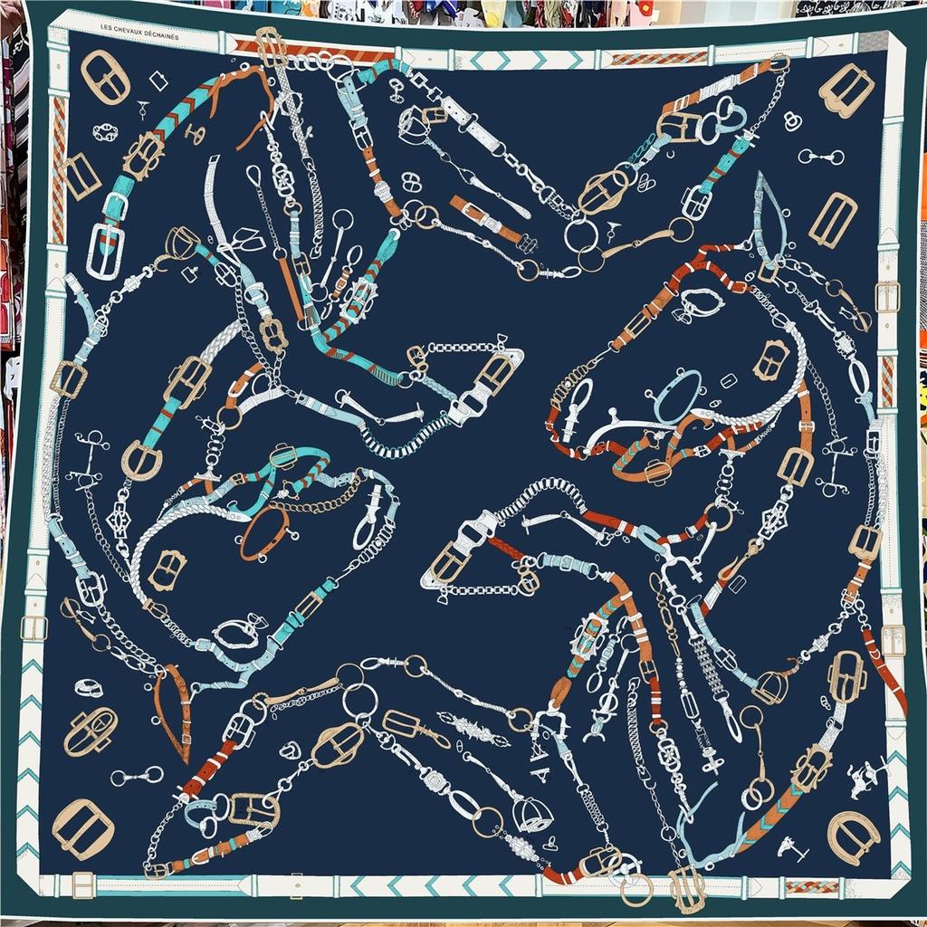 130CM Luxury Printed Imitation Silk Wool Scarf Women Large Shawl French Square Bandana Kerchief Hijab Scarves for Ladies