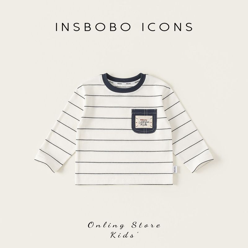 Insbobo Boys  Base Layer Shirt 2026 Spring Children s Clothing New Long-Sleeve Children s Wear Spring Top Spring and Autumn T-Shirt Black and White Strips 80