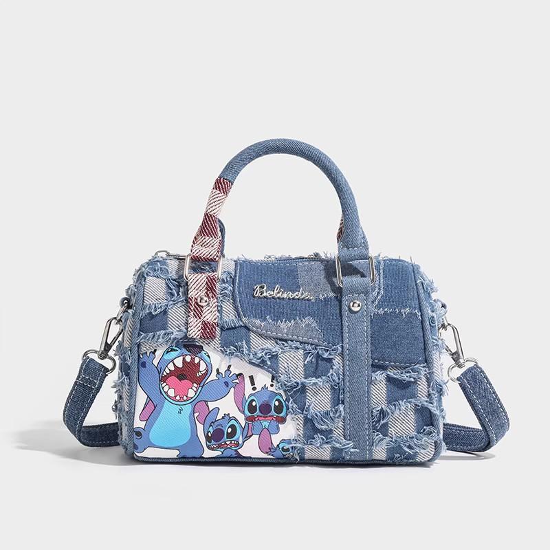 

New Color Blocking Niche Cartoon Stitch Denim Perforated Splicing Crossbody Carrying Pillow Casual Versatile Bag джинсовый синий