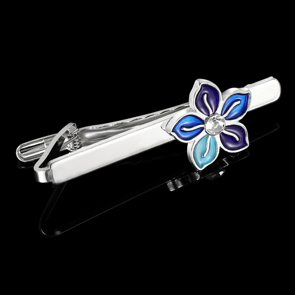 Elegant Mens Blue Flower Sakura Cherry Blossom Design Cufflinks&Tie Clip Set Groom Party Jewelry