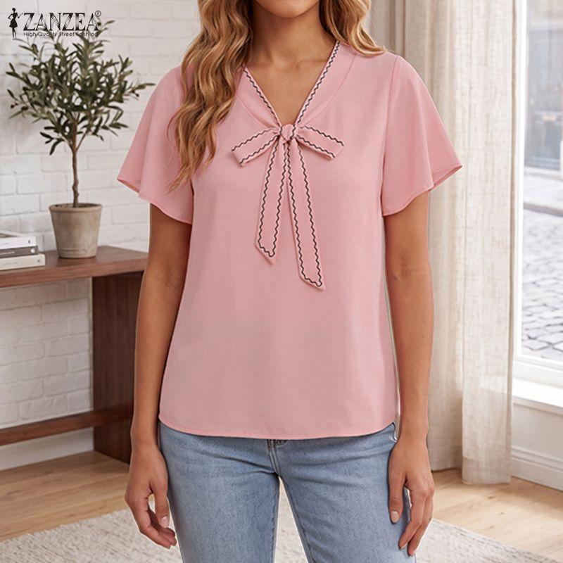 ZANZEA Womens Elegant V-Neck Tie Bow Stitching Short Sleeve Casual Loose Blouse Tops