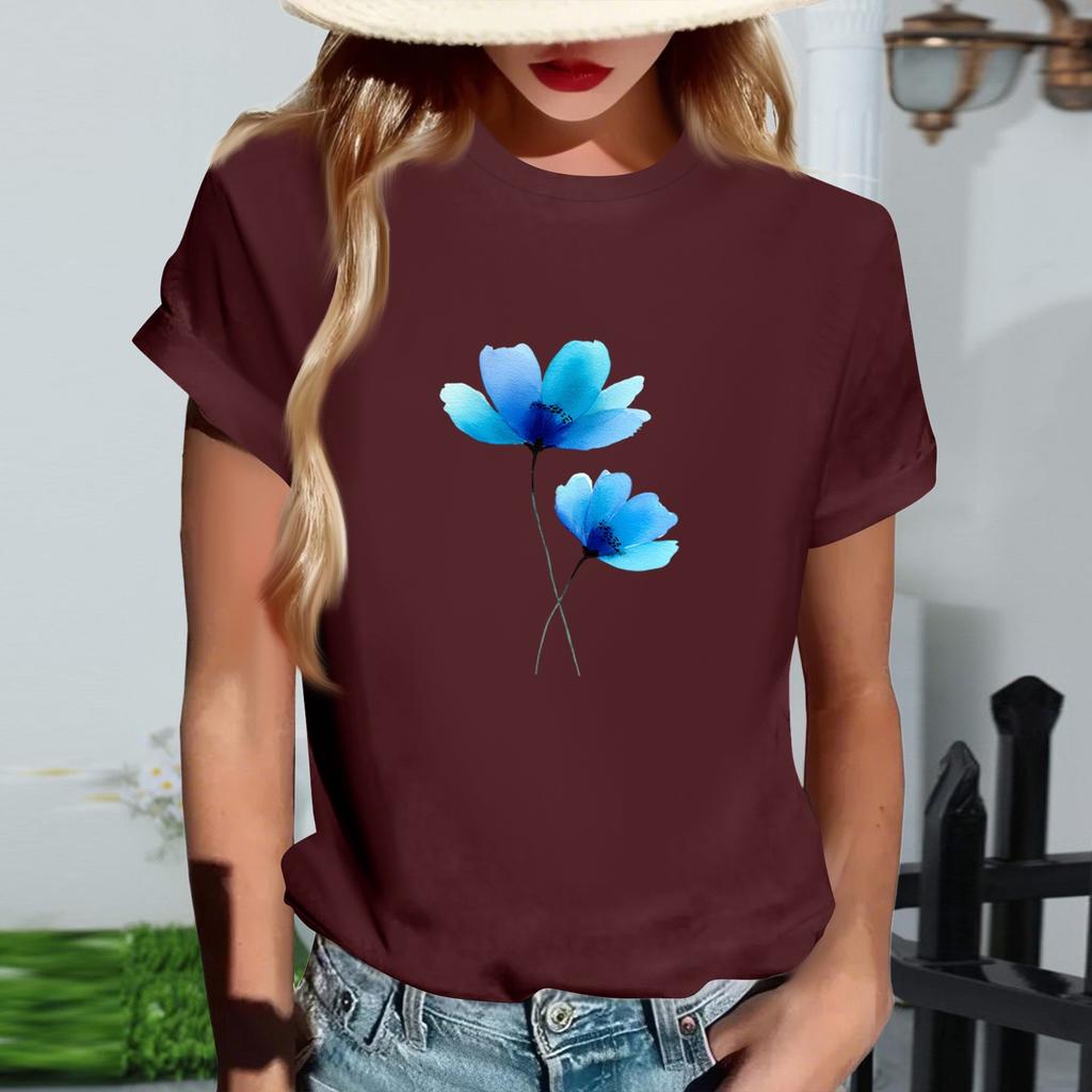 Damen Modisches Rundhals Casual Retro Print Kurzarm T-Shirt Top