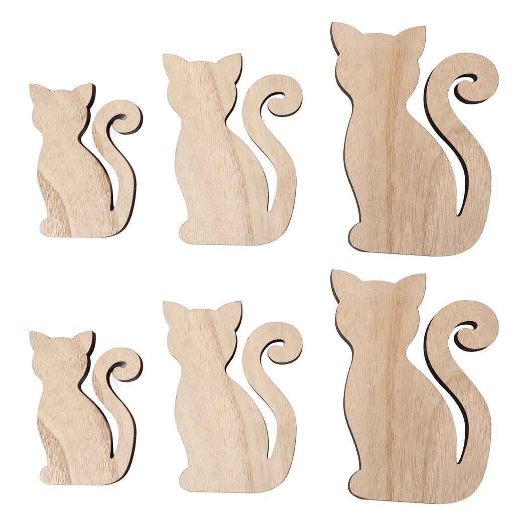 6Pcs Wood Cat Cutout 3 Sizes Exquisite Unpainted Unfinished Wooden Cutouts for DIY Craft Pet Party