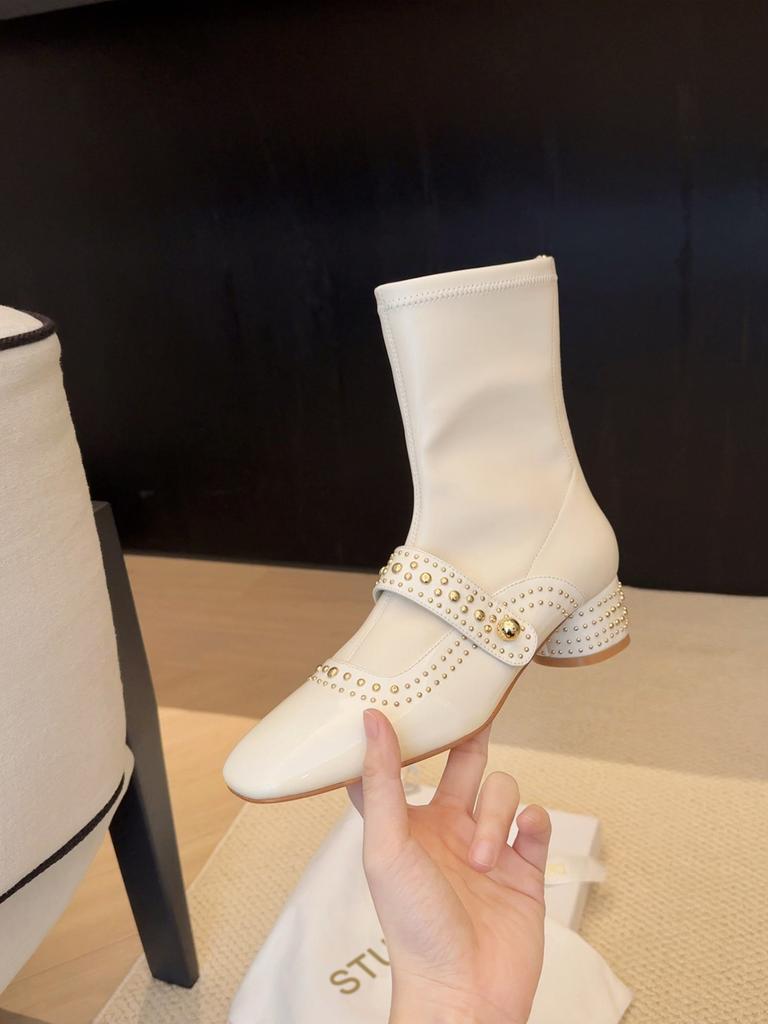 Cowhide Grape Mother Same Leather Square Head Rivet Fashion Boots Medium and High Elastic Boots Women's Thin Boots Short Boots