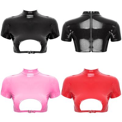 Womens Patent Leather Crop Top Turtleneck Design Cutout Back Zipper Clubwear Disco Attire