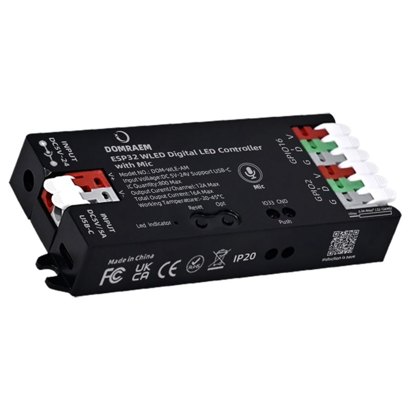 

ABUL-DOMRAEM Light Effect Controller LED Strip Controller With Microphone DC5-24V Power 16A 0.5W Standby DIY100+ WS2811/14/05 B чорний