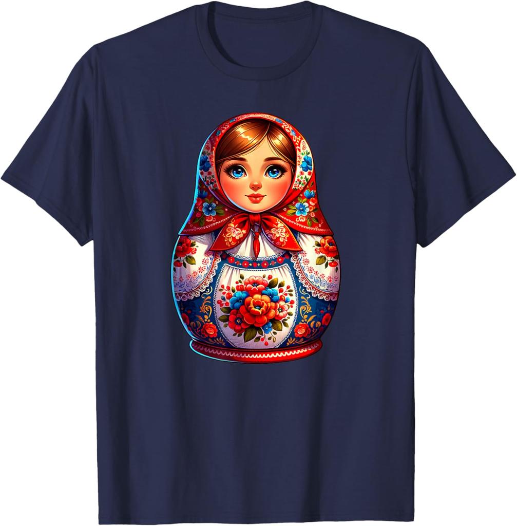 Matryoshka Doll Russian Folk Art Print Short Sleeve Graphic Tee Men Casual Breathable T-Shirt