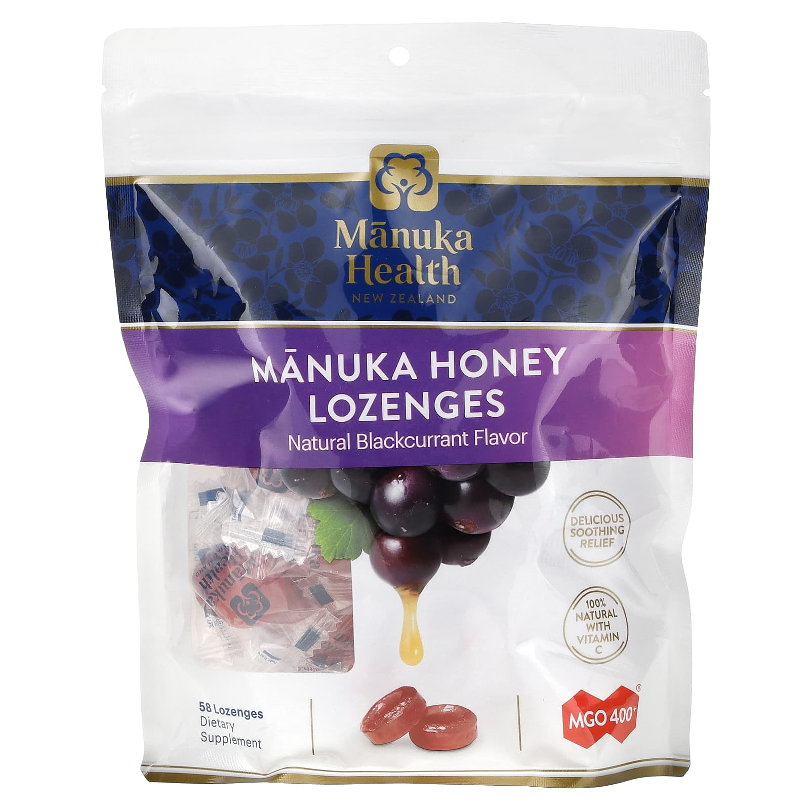

Manuka Honey Lozenges, Natural Blackcurrant, Mgo 400+, Lozenges 58 Tablets