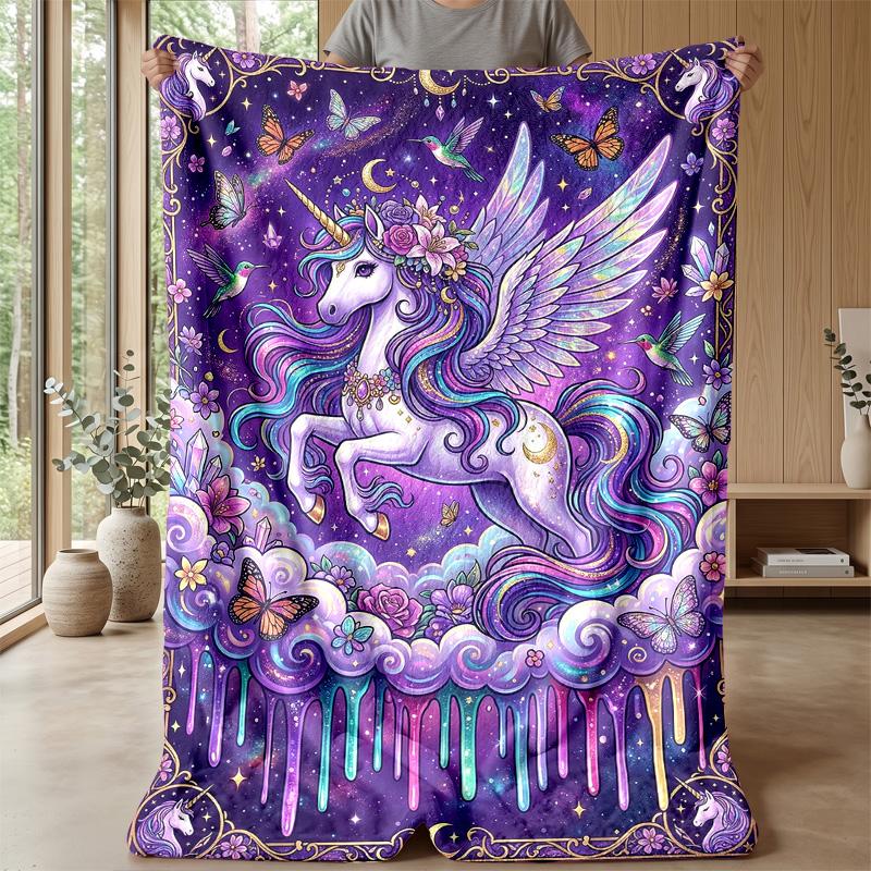 Fantasy Unicorns and Balloons Theme Blanket Lightweight Warm Flannel Blanket Decorative Throw Blanket for Home Decoration