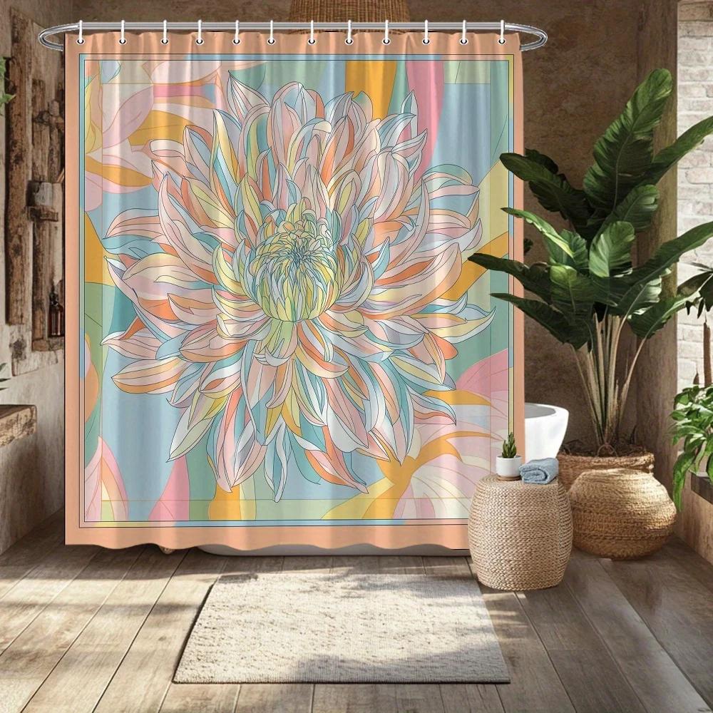 Flower Shower Curtain, Vibrant Large Chrysanthemum Design, Fade-Resistant Polyester, Machine Washable