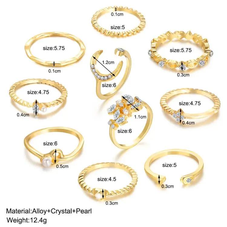 10 Pcs Rings Suit For Women Gold-color Chain Ring Set Bohemian Style Coin Snake Moon Star Party Trend Gift Zircon