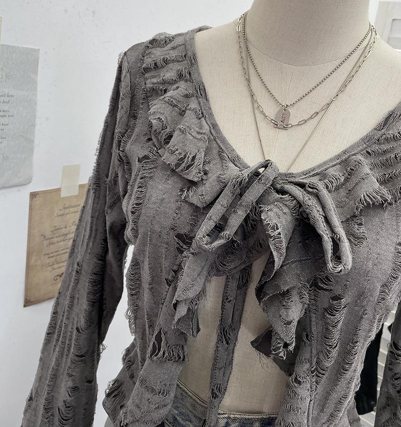 Post-Apocalyptic Style Ruffled Tie-Up Ripped Cardigan, Long-Sleeve Outer Layer
