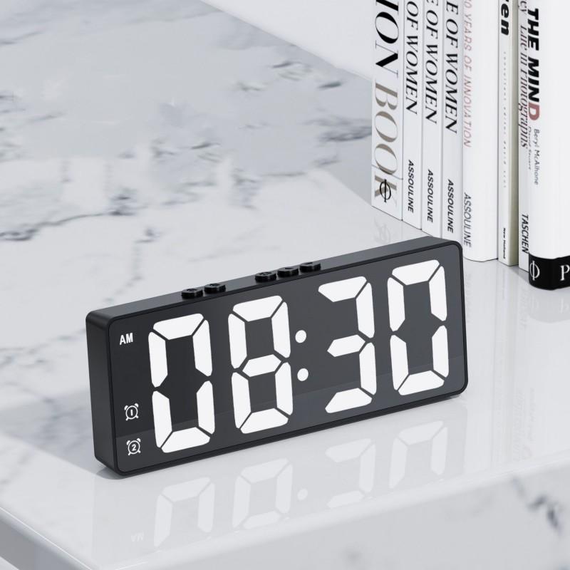 Voice Control Digital Alarm Clock Temperature Date Dual Alarm Snooze Mute Table Clock 12/24H Bedside Mirror LED Clock