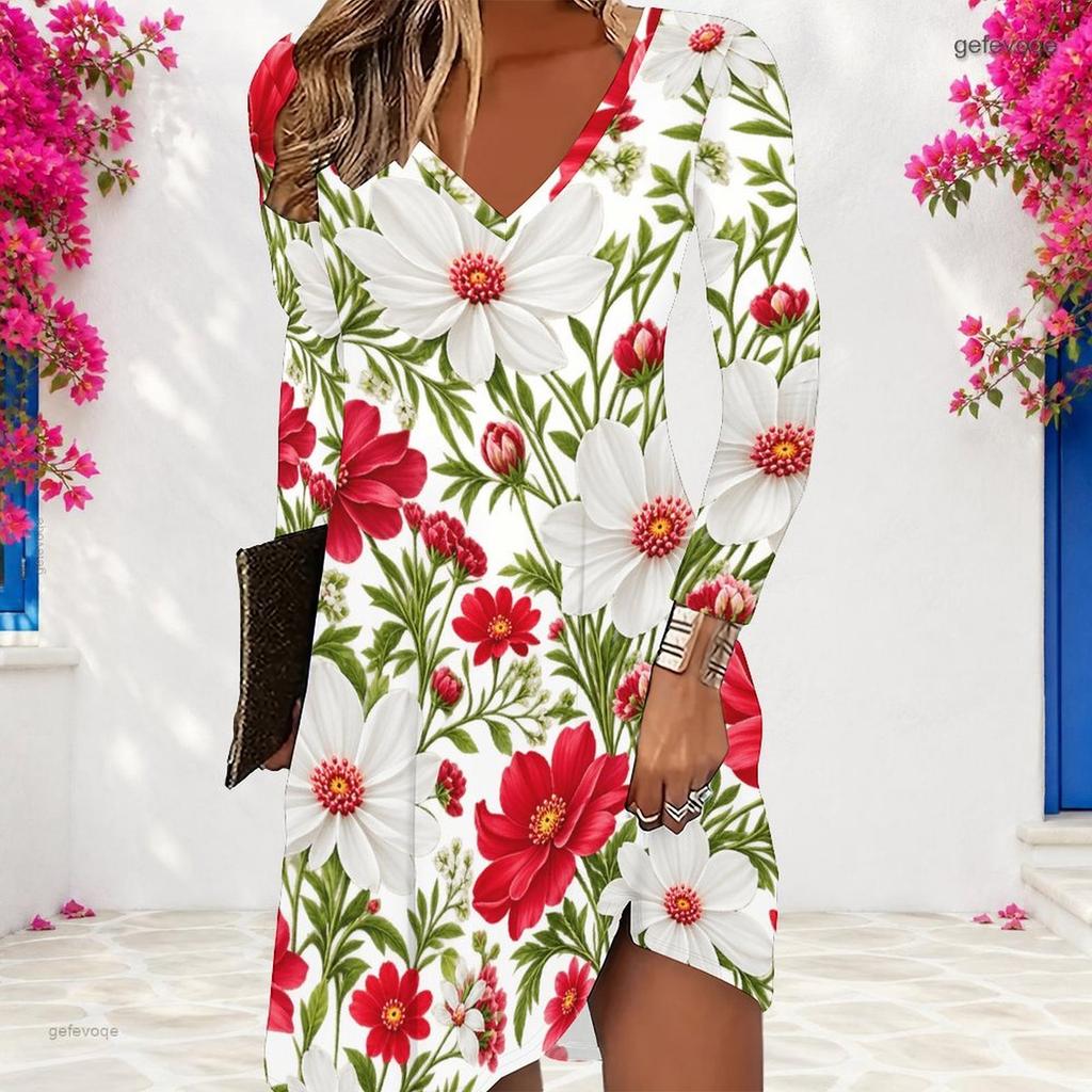 Women Plus Size V Neck Long Sleeve Floral Printed White A Line Dress
