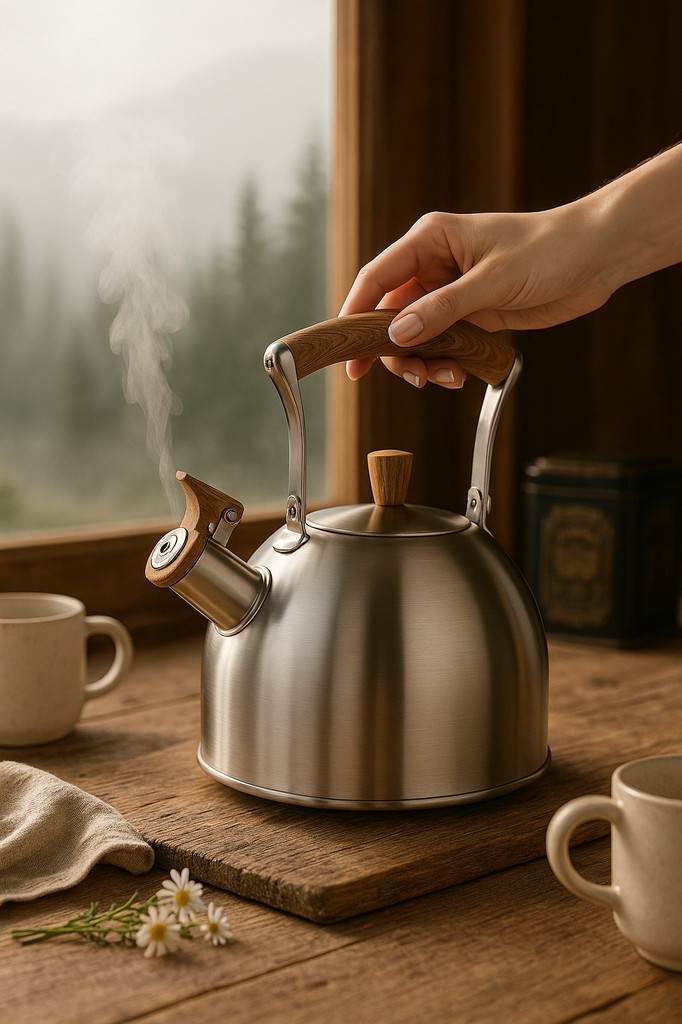 Rychlovarná konvice s píšťalkou a krytem hubice na čaj a kávu, ideální použití v kuchyni při kempování