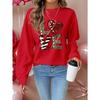 Women's Heart-Shaped Red And White Print Sweatshirt,Casual Autumn Loose Fit Crew Neck Long Sleeve Pullover For Date,Vintage Commute Style