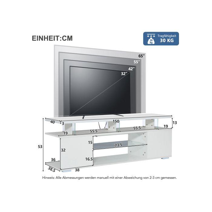 Meuble TV - MUVOE - Moderne - Blanc pur - Verre trempé - Éclairage LED RGB