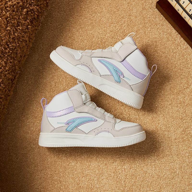 Anta Kids Classic Versatile Lightweight Shock Absorbing High Top Skate Shoes Kids Sneakers White Gray A22439908-1