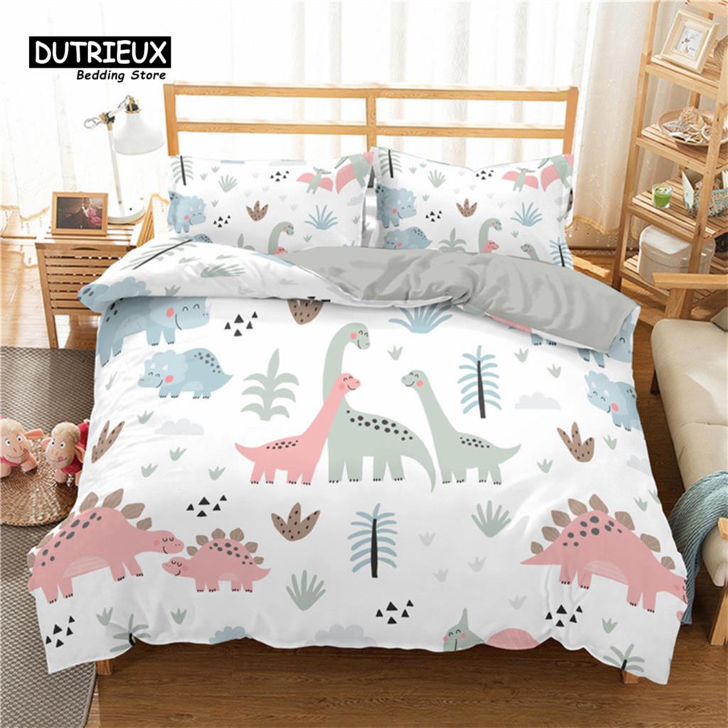 Cartoon Dinosaur Toddler Bedding Set Cartoon Animals Duvet Cover Microfiber Quilt Cover With Pillowcases For Kids Boys Girl Teen