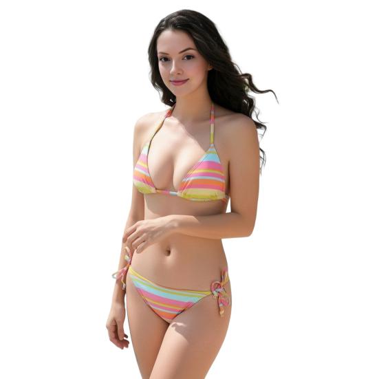 Women s Striped Triangle Top & Thong Set Sexy Halter Bikini Set String Swimwear Two S разноцветный