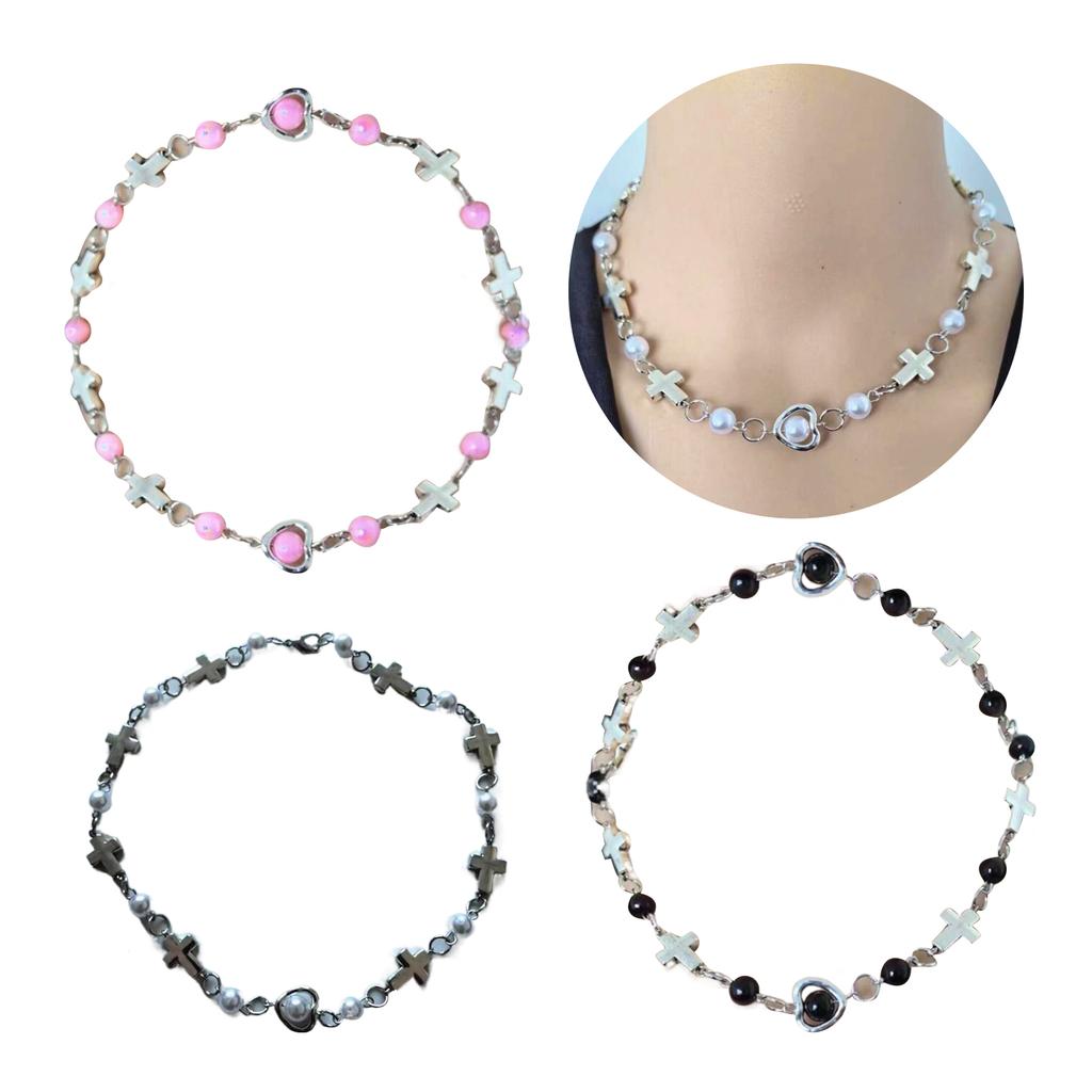 Women's Fashion Necklace with Pearls Bead Stylish Beaded Necklace Jewelry Delicate Crosses Heart Neckchain Ornament