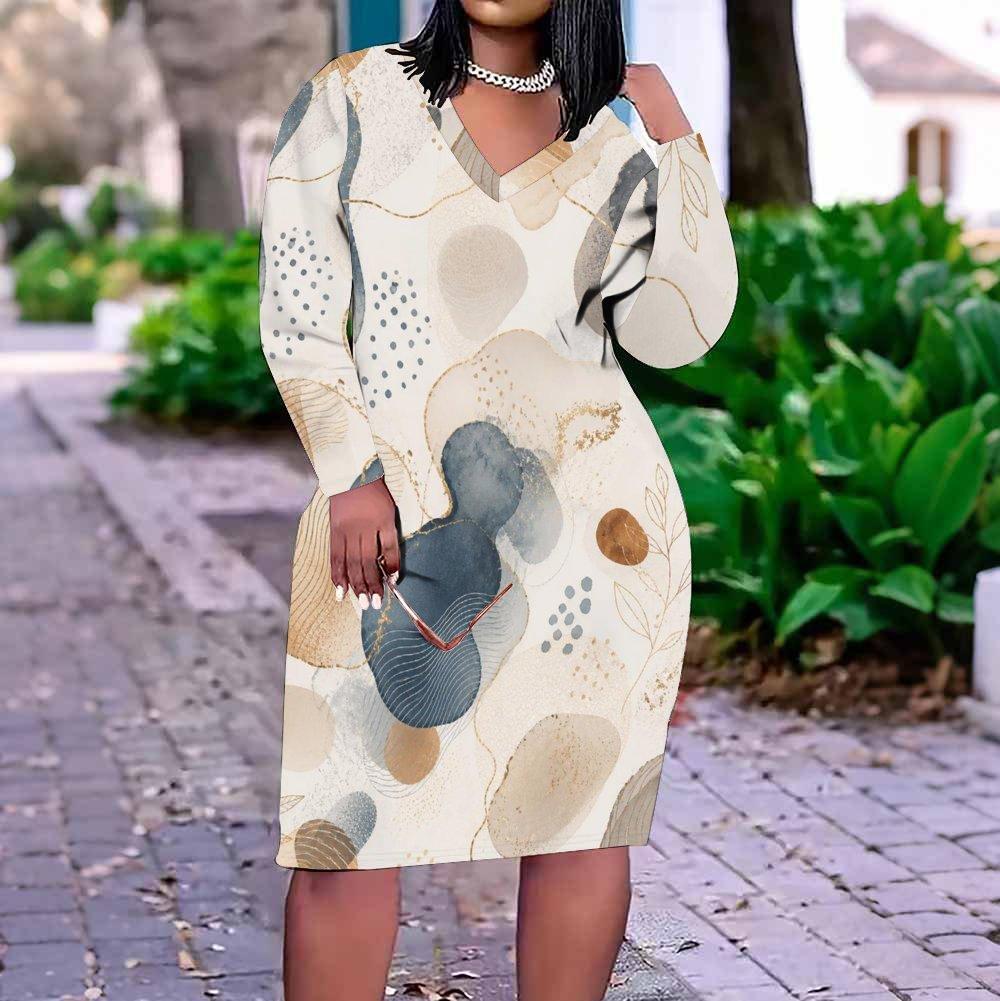 Women Plus Size V Neck Long Sleeve Abstract Printed Fitted Straight Dress