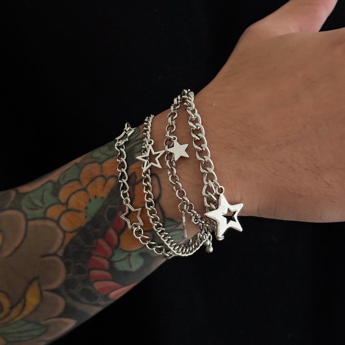 

Ingemark 4 Pcs/Set Vintage Hollow Pentagram Pendant Bracelet Men Trend Punk Metal Adjustable Aesthetics Bracelets Couple Jewelry