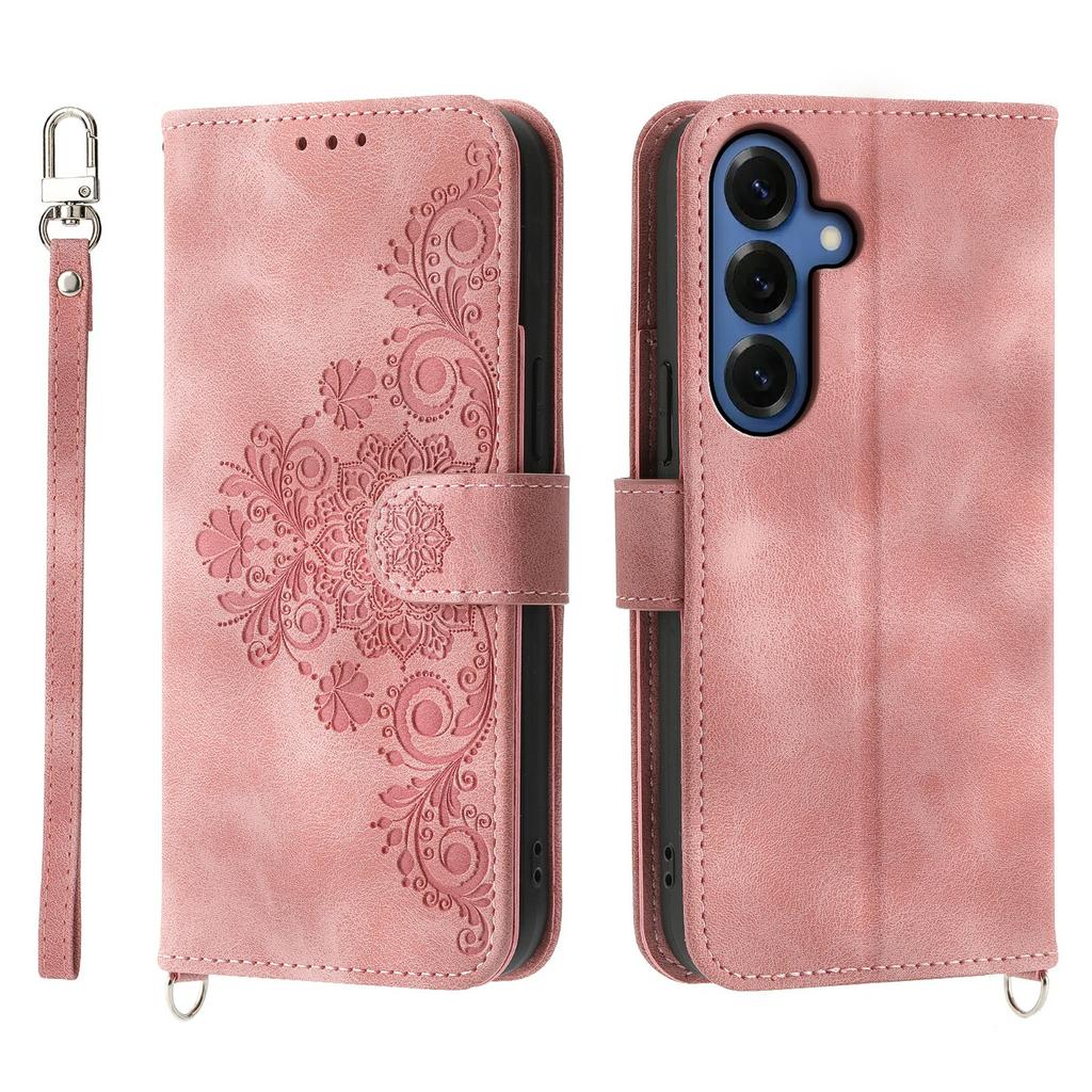 For Samsung Galaxy S26+ Case Flower Pattern PU Leather Wallet Phone Cover with Strap