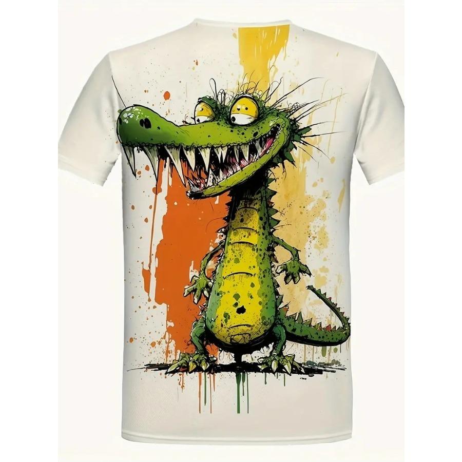 Tričko s krátkým rukávem a kulatým výstřihem a vzorem krokodýla v komiksovém stylu s motivem barvy a stop po něm, ležérní a elegantní topy pro muže v letním pouličním oblečení