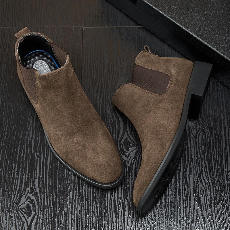 Large Size Chelsea Boots Men's Summer Breathable British Style Pointed Fur Short Boots High Top Leather Shoes Medium Top Martin Boots