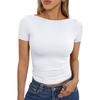 Damen Schwarzes Bootausschnitt Kurzarm Enganliegendes Raffung Crop Top