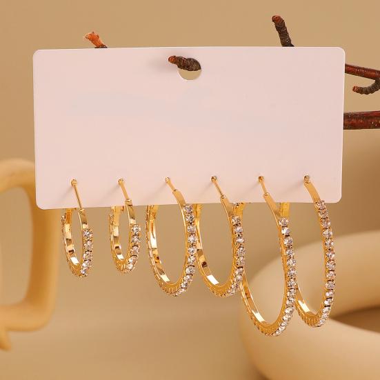 3 Pairs Women Earrings Ear-Pin Closure Stable Wearing Structure Multi-Size Hoop Earrings with Rhinestones Inlaid Jewelry Gift