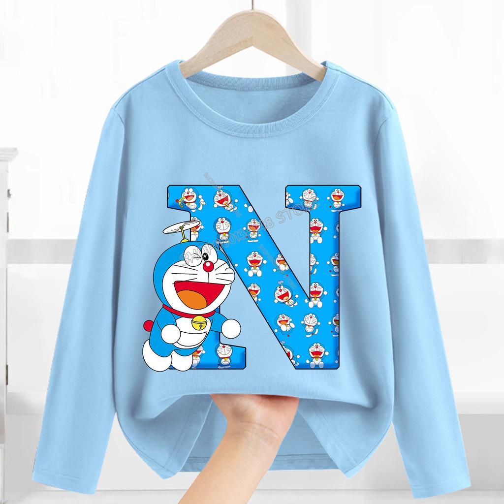 Doraemon Long Sleeve for Women Cartoon A-Z Letter Clothing Caftan Anime Clothes Blue Round Collar Blouse Gift