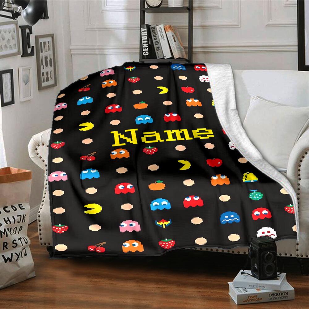 Custom Name Pac-Man Theme Printed Blanket - Perfect for Couch, Bed, Travel & Outdoor Use | Machine Washable, Cozy & Durable.