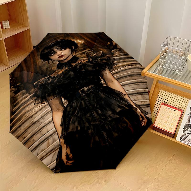 Wednesday Addams Windproof Auto 8 Rib Folding Umbrella Portable Outdoor Parasol