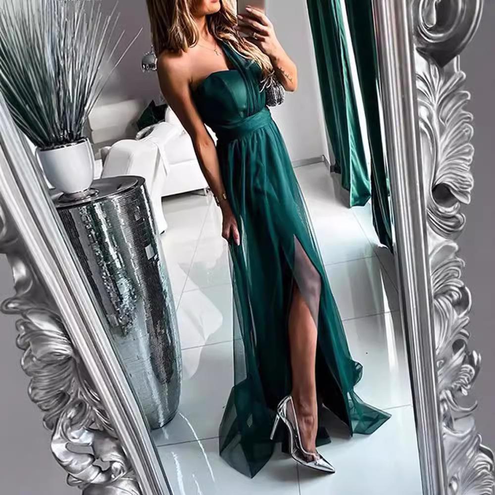 new temperament commuter ins long dress solid color suspender dress evening dress backless