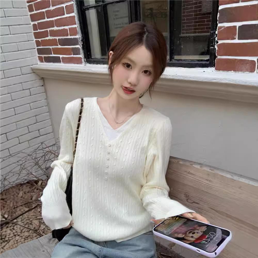 Fall Winter Fake Two Piece Inner Wear Base Layer Sweater Outerwear Women Chic Knit Top Apricot Blouse
