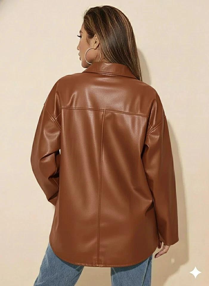 Stylish Brown Handmade Lambskin Leather Casual Party Wear Genuine Women's Shirt