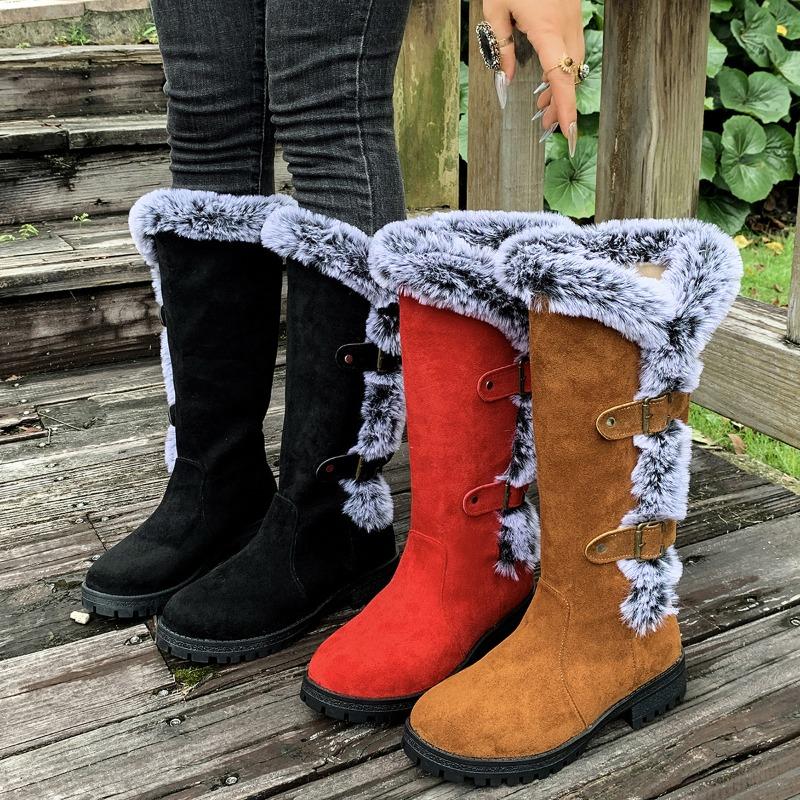 Winter Warm High Snow Boots Women's 2025 New Belt Buckle Plus Size Fleece Thickened Wool Wool Cotton Shoes