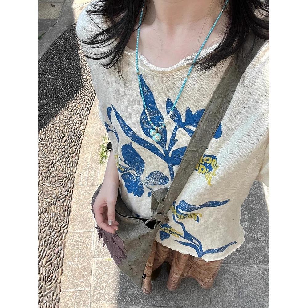 American old printed short-sleeved t-shirt women's summer new loose and thin lazy style retro heavy top