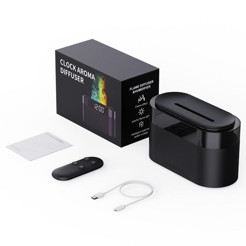 Flame aroma diffuser with LED digital clock color changing mood light and smart remote control for home office desktop use